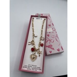 Piper K 18" + 3" Gold Tone Heart Necklace Cubic Zirconia Glass Stones New Trendy